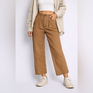 High Rise Brown Linen Blend Wide Leg Pants Pleated Front 25x29 [000323]